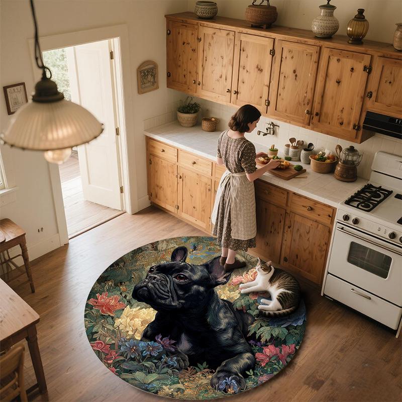 Floral Cat and Dog  Round Area Rug,Carpet Rug for Living Room Bedroom Sofa Playroom Decor,Non-slip Floor Mat