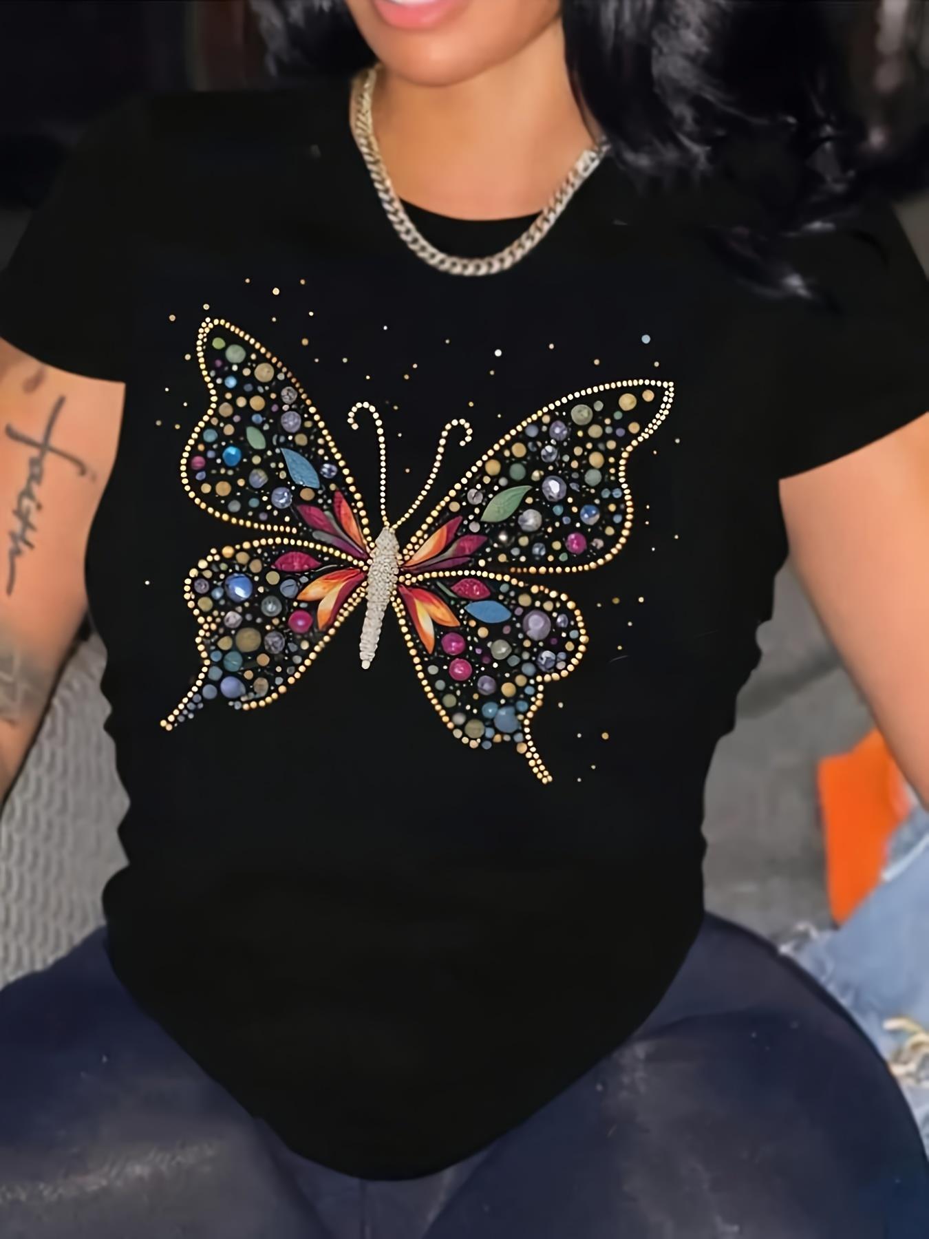 Rhinestone Butterfly Print T-shirt S
