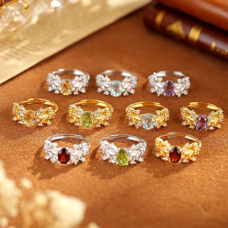 S925 Silver Natural Topaz Ring, Adjustable, Non-fading, Elegant Crystal Jewelry for Women