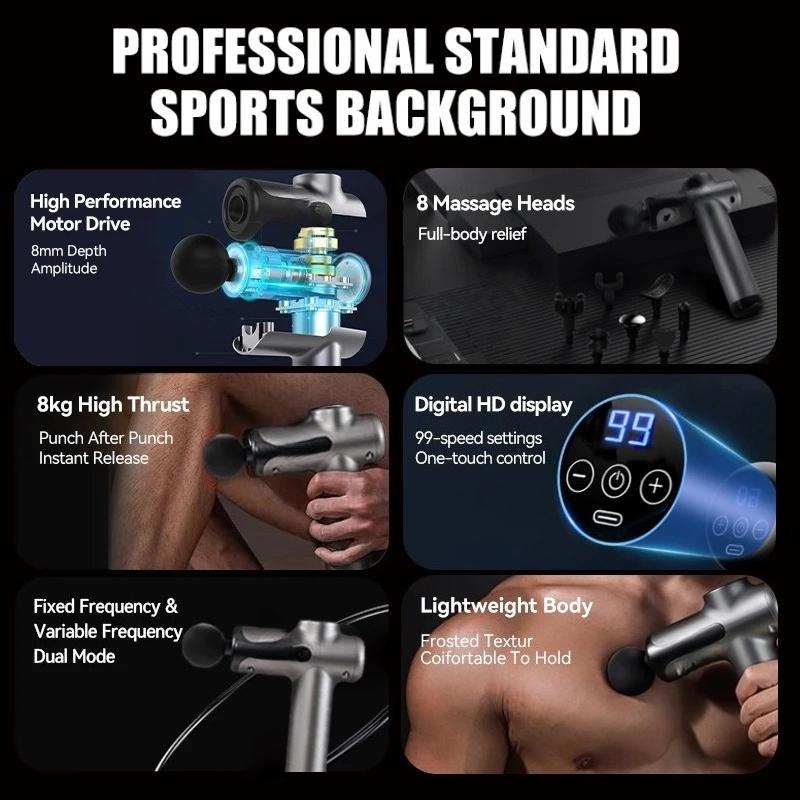2026 Novo Presente Recuperação Muscular Poderosa Pistola Massageadora Sem Fio 8 Cabeças de Massagem Recarregável Ombro Costas Pescoço Cintura Perna Pistola Elétrica de Fáscia