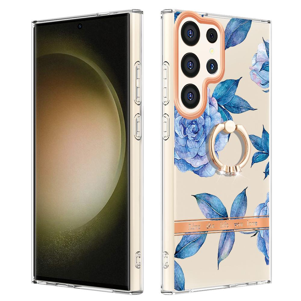 

For Samsung Galaxy S24 Ultra Back Cover with Ring Kickstand Flower Pattern Electroplating TPU Case HC003 Blue Peony