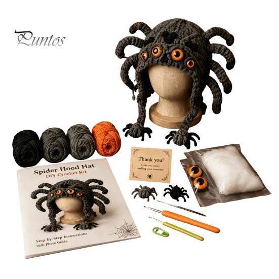 DIY Animal Hood Hat Halloween Crochet Kit, Skull Spider Bat Beginner Friendly Yarn Kit Spooky Pumpkin Earflap Craft for Adults Teens, Autumn