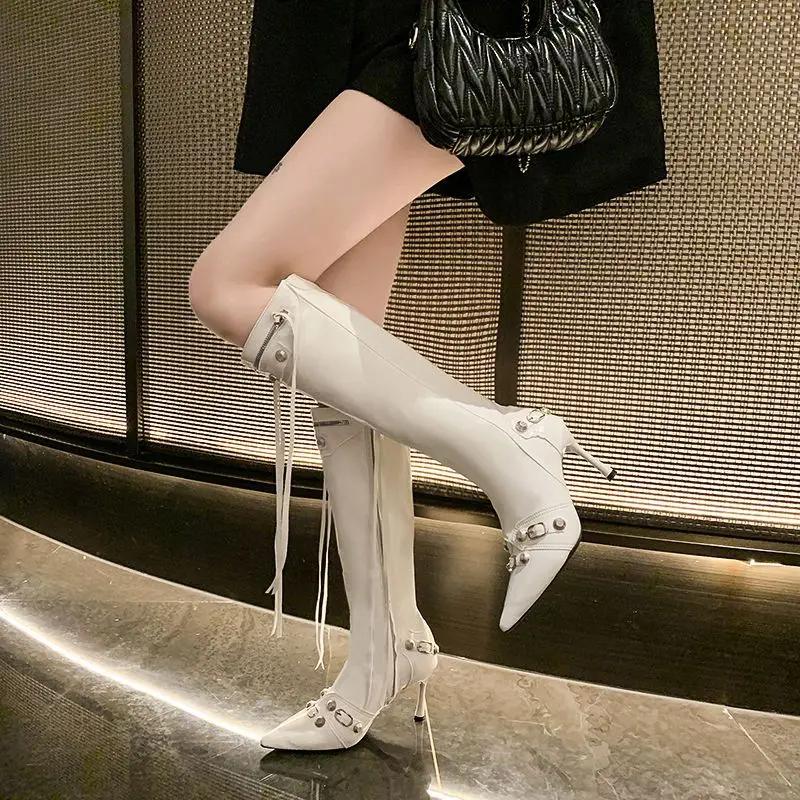 

Модные ботфорты на шпильке с острым носком для женщин Y2k Готический шик и элегантный тренд 2025 Косплей PU Сапоги с высоким голенищем женские 40