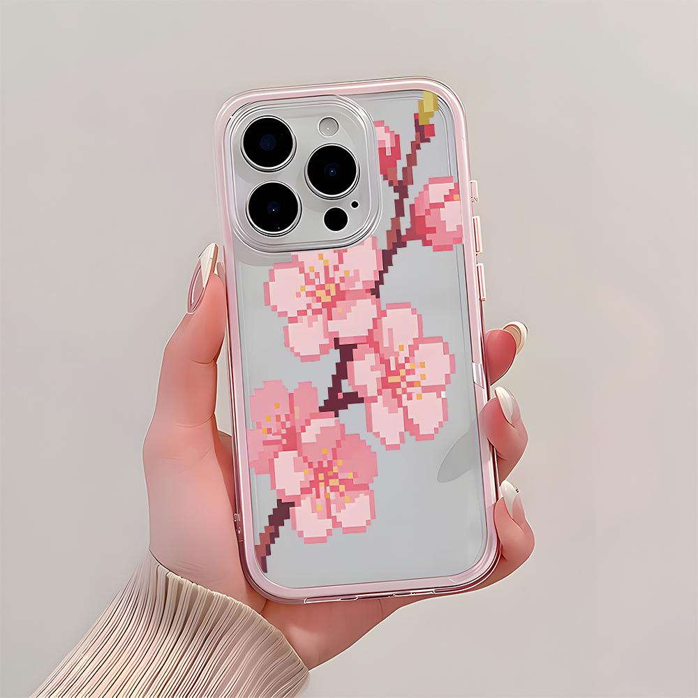 Pink Pixel Cherry Blossom Phone Case For iPhone 17 16 15 14 13 12 11 Pro Max Air 14 Plus 2 In 1 Candy Color Clear Silicone Cover