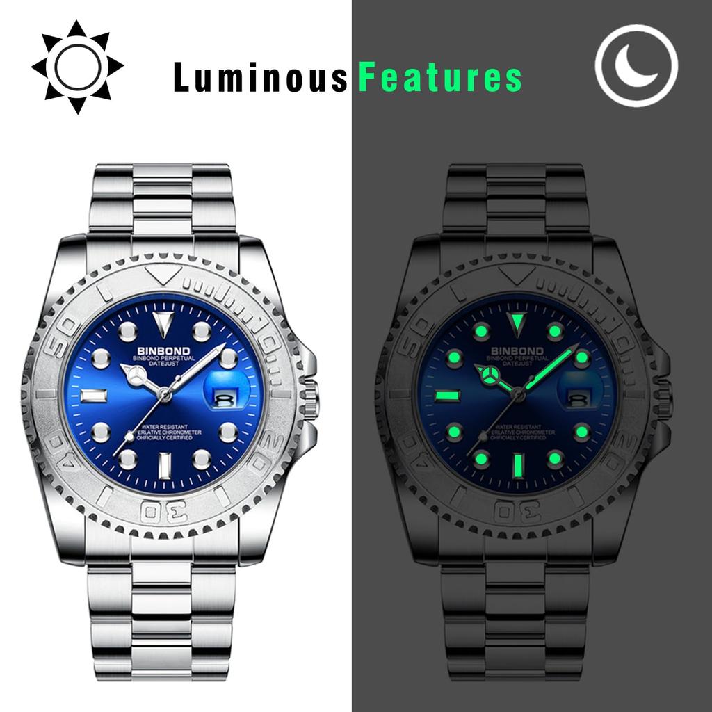 Silver Waterproof Watch with Calendar Luminous Analogue Watch with Rotatable Stainless Steel Simple and Stylish Quartz Watch for Casual and Business