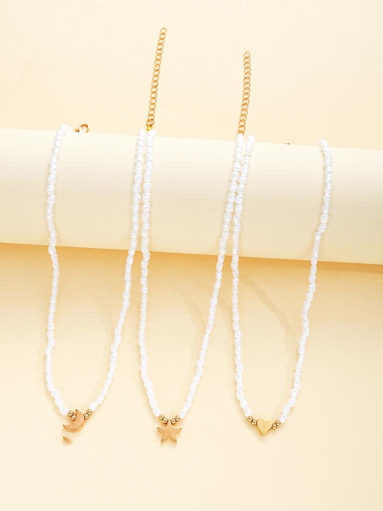 3 Pcs Multi-Layer Pearl Necklace Set For Woman Elegant Chokers Retro Neck Chain Imitation Pearl Star Moon Heart Necklace Jewelry