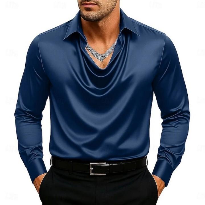Casual Heren Satijn Zijde Dress Shirts Lange Mouw Sociaal Single Breasted Knoop Turn-Down Kraag Shirts Bruiloftsfeest Herenkleding
