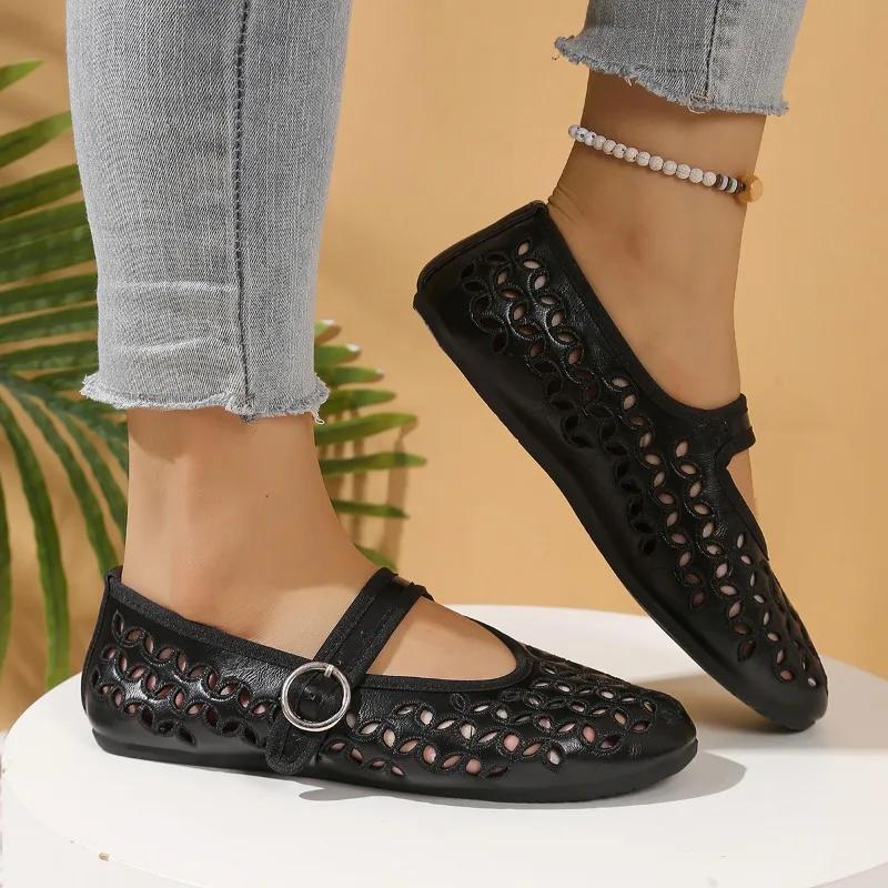 Fashion 2025 Ladies Shoes Buckle Strap Women's Flats Fashion Shallow Casual Plus Size New Hollow Out Light Best Seller Flat Low Heels