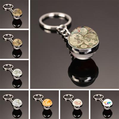 Art Vintage World Map Double Sided Glass Ball Keychain Jewelry Pendant Keychain