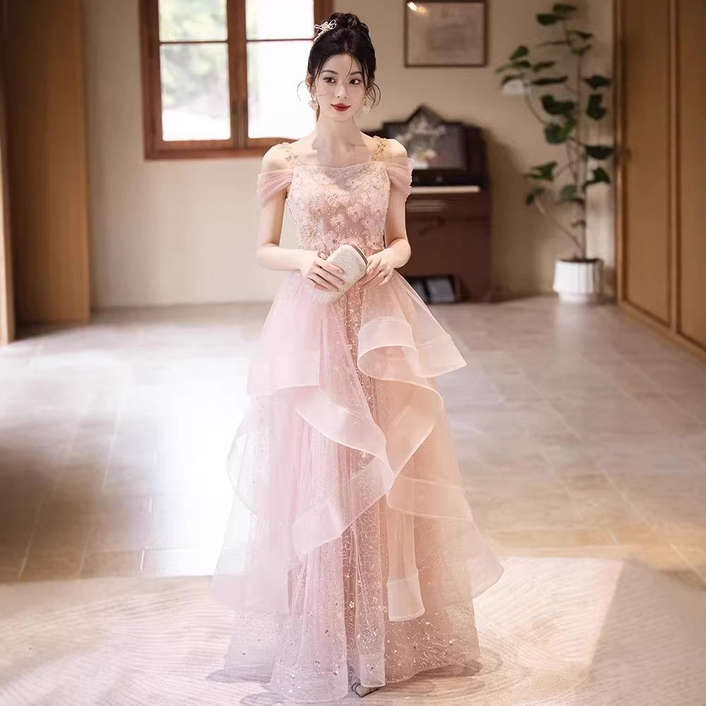 Pink Suspender French Evening Dress 1011 New Light Luxury Niche Banquet Engagement Dress Host Adult Dress