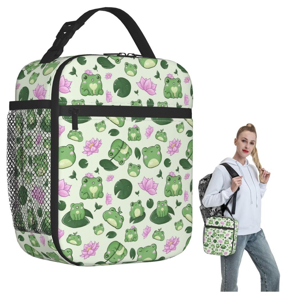 Cartoon Cute Frog Pattern On Lotus Leaves Insulated Lunch Bag for Women Kids Portable Food Boxes Thermal Lunch Box Tote