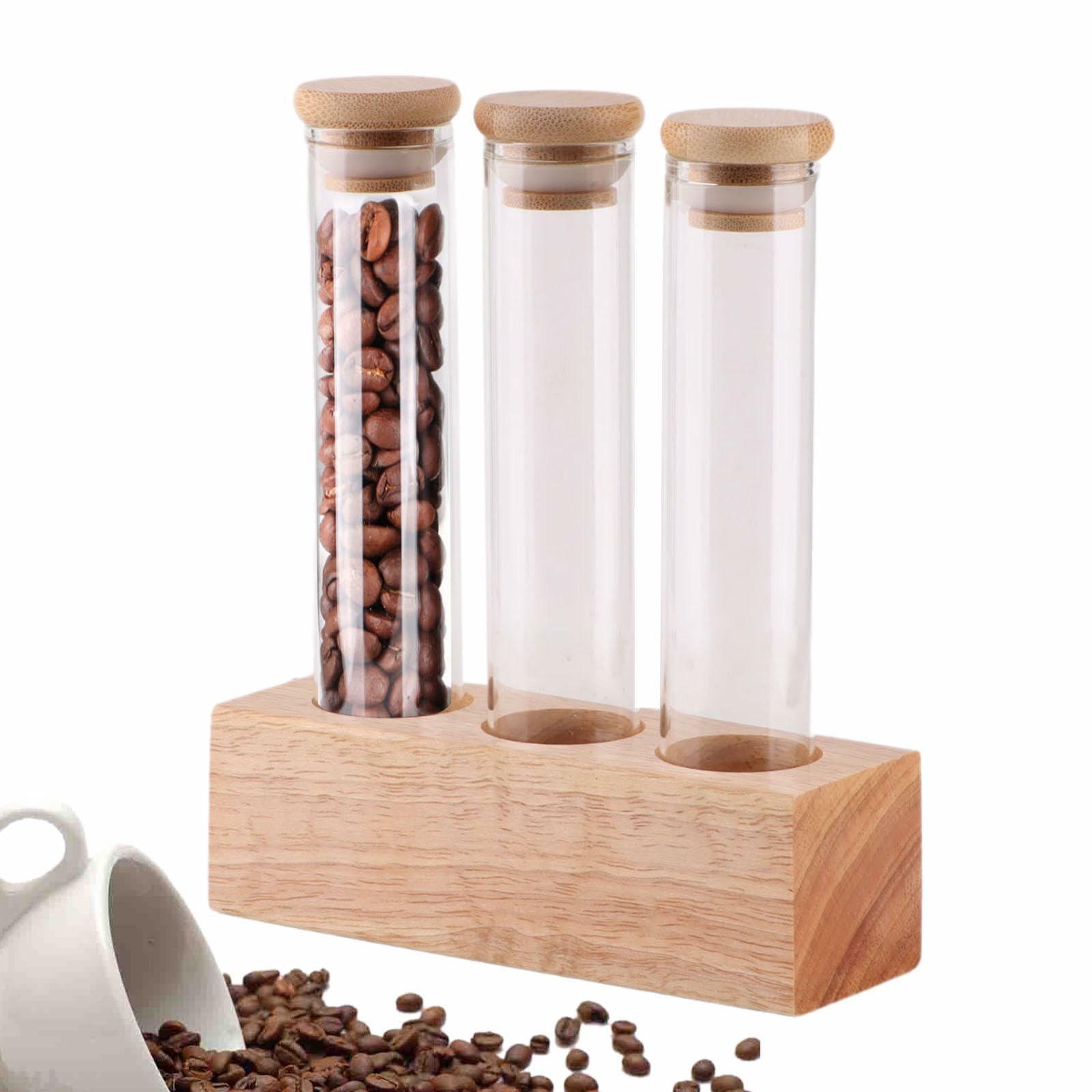 

Wooden Base Coffee Bean Display Stand with 3 Clear Glass Tubes for Cafe Bar Counter Storage Type A