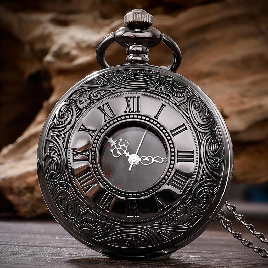 Vintage Charm Black Unisex Fashion Roman Number Quartz Steampunk Pocket Watch Women Man Necklace Pendant with Chain Gift