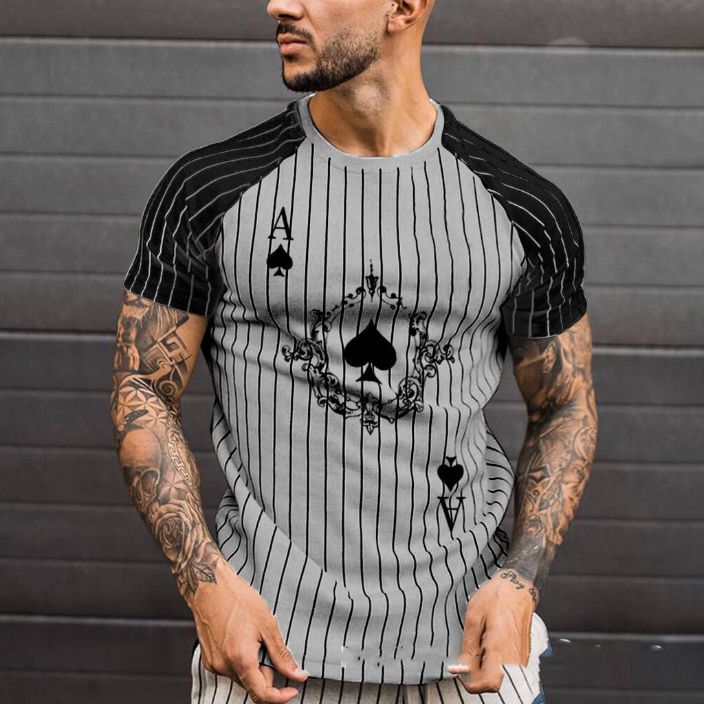 Summer new 3D printing spade A stripe collision men's short-sleeved casual round neck T-shirt