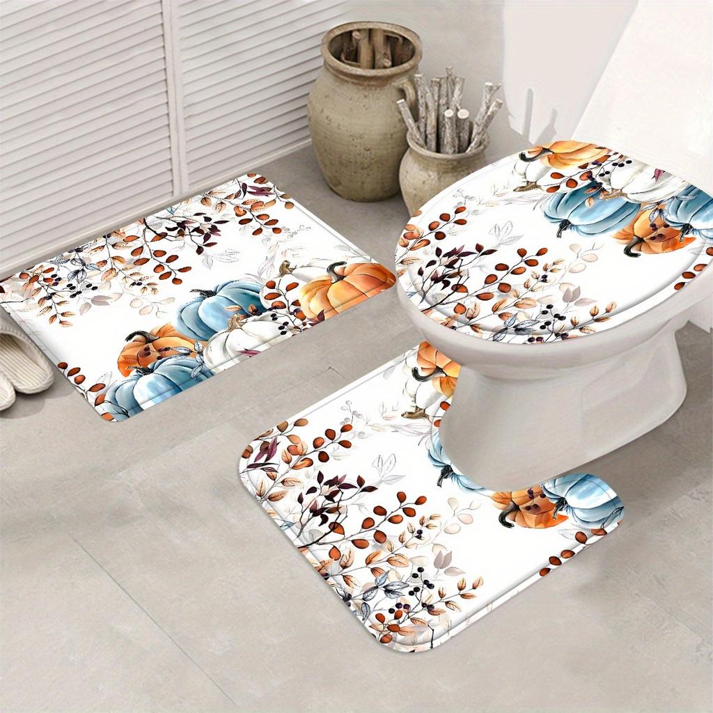Pumpkin Falling Leaves Shower Curtain Set Waterproof Polyester Bath Curtain and Toilet Floor Mat with Free 12 Hooks