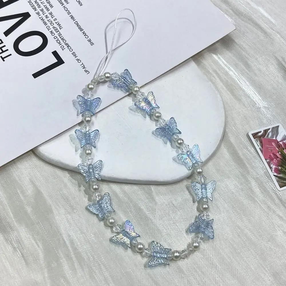 Butterfly Beaded Butterfly Cellphone Lanyard Anti-lost Crystal Clear Candy Colors Cellphone Keychain Sweet Kawaii
