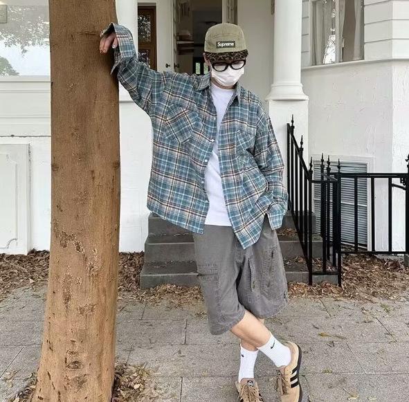 

Мужская рубашка в клетку в стиле ретро с отложным воротником и длинными рукавами - Повседневная весенняя куртка L синий