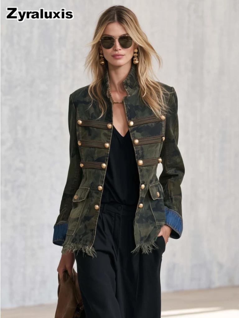 Women's Camo Denim Jacket with Gold Button Ruffle with Casual Wear