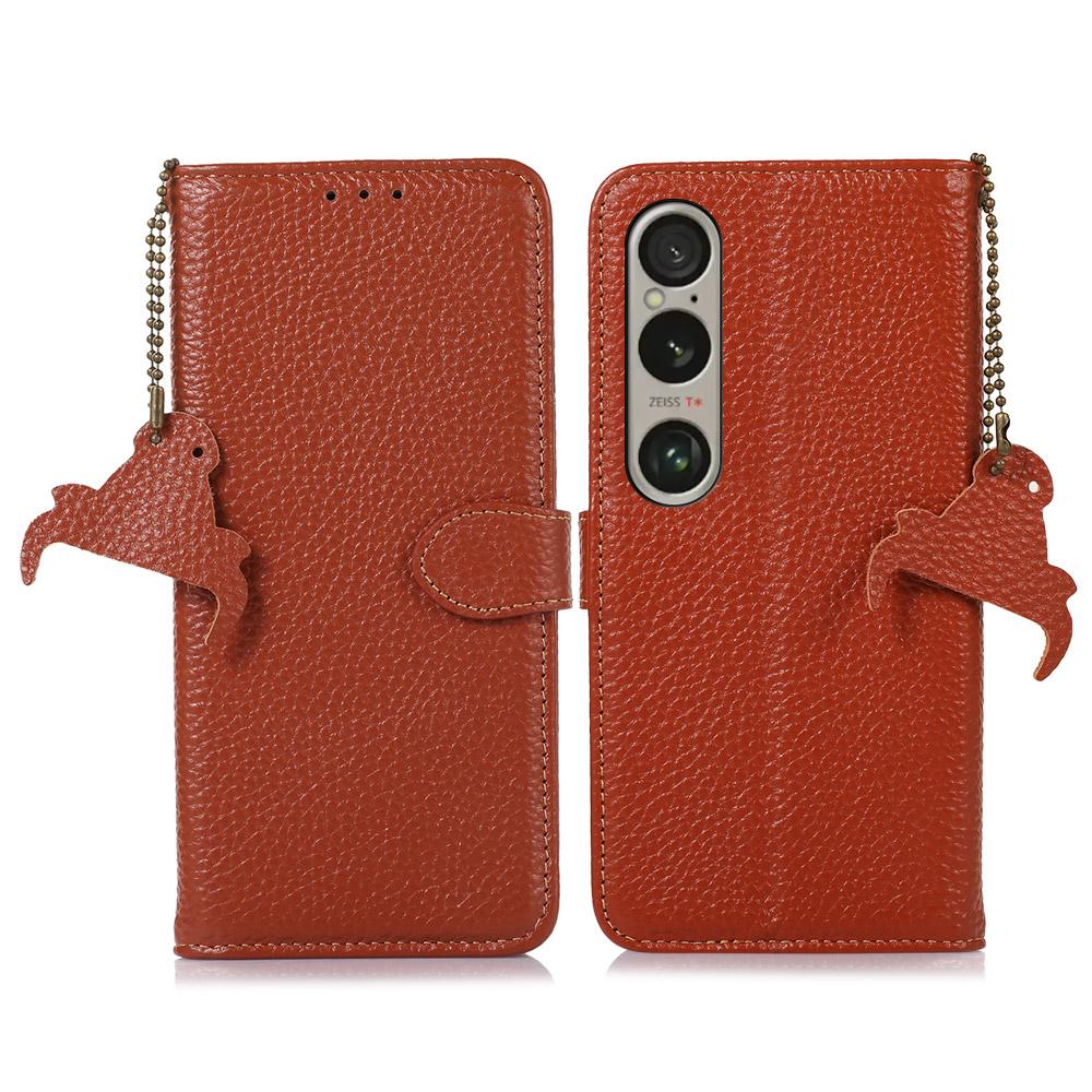 For Sony Xperia 1 VI Case Genuine Cow Leather RFID Blocking Wallet Phone Cover Litchi Texture