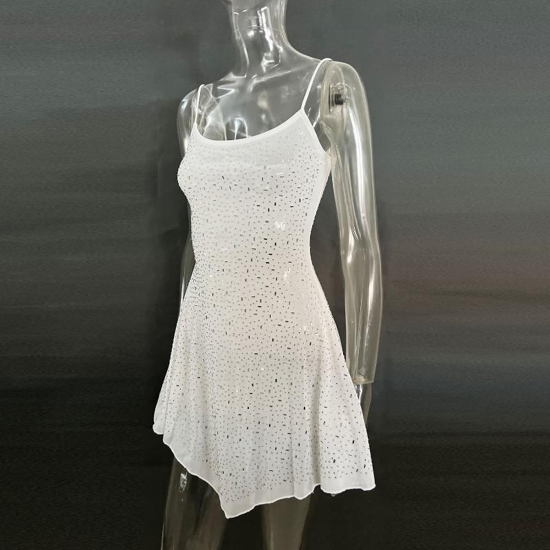 Party Rhinestone Semi Transparent Suspender Short Dress