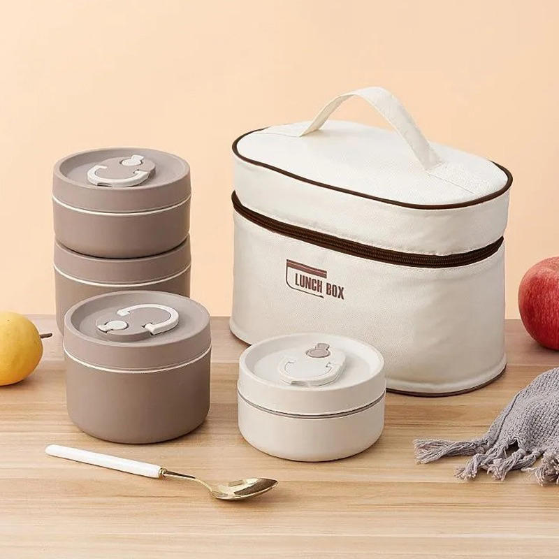 Lunch Box Set Portable Keep Warm Container With Insulated Bag Stackable Bento Bag Round Lunch Box Container