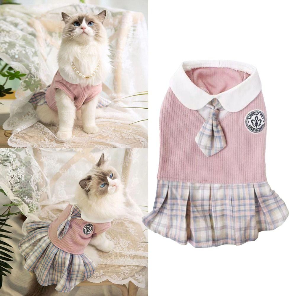 Bowtie Pet Cat Dress Polyester Spring Pet Clothes New Puppy Plaid Skirt  Spring Season