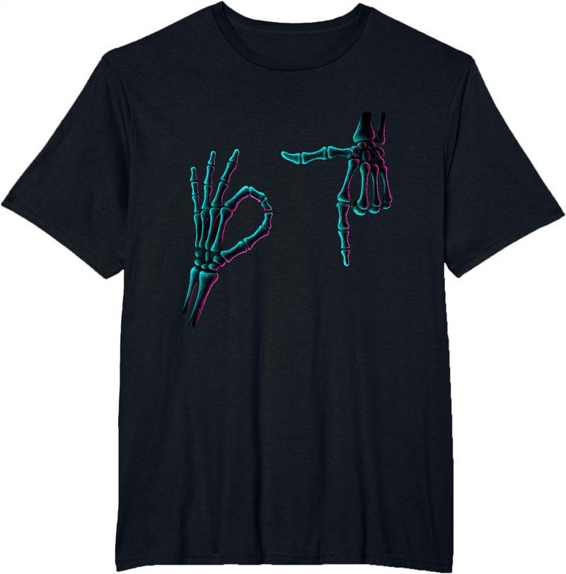 Black TShirt Fluorescent Gradient Skeleton Hand Print Left Hand OK Gesture Right Hand Pointing Gesture Personalized Trendy Top
