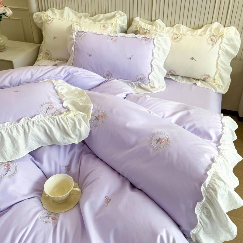 4PCS Elegant Rose Embroidery Girl Bedding Set Lace Duvet Cover Set(1*Duvet Cover + 1*Bed Sheet Or Fitted Sheet + 2*Pillowcase)