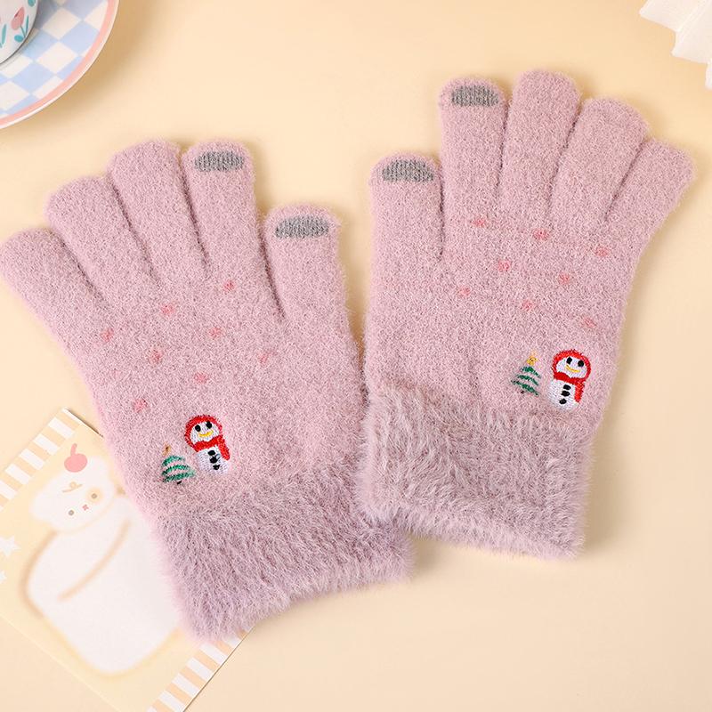 Autumn And Winter Knitted Plush Gloves Outdoor Cycling Windproof Warm Thick Cute Cartoon Touch Screen Gloves
