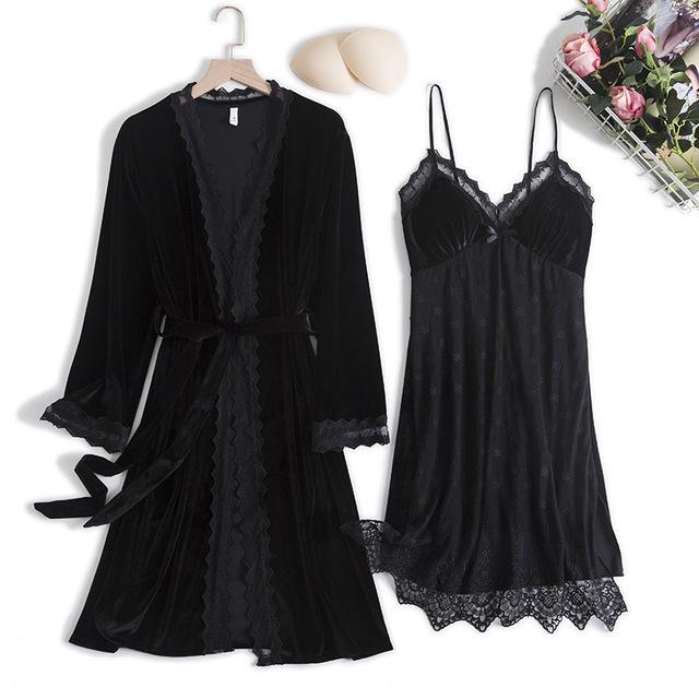 Velurový krajkový župan Noční prádlo Dámský Twinset Svatební Svatební župan Set S výstřihem do V Noční prádlo Ležérní Sexy Domácí Župánek Společenské oblečení