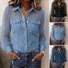 Women Shirt Perspective Mesh Patchwork Cold Shoulder Long Sleeve Denim Tops Lapel Buttons Placket Shirt Country Concert Clothing