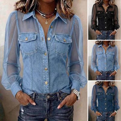 Women Shirt Perspective Mesh Patchwork Cold Shoulder Long Sleeve Denim Tops Lapel Buttons Placket Shirt Country Concert Clothing