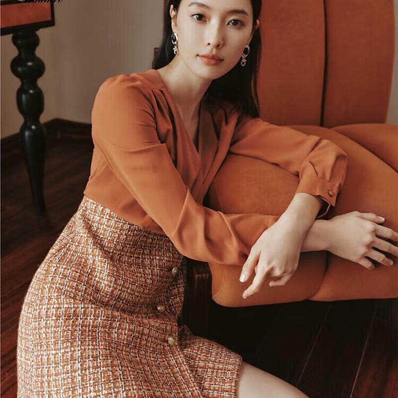 

JUZI Платье с V-образным вырезом, длинными рукавами, французским ретро твидом и вырезами M