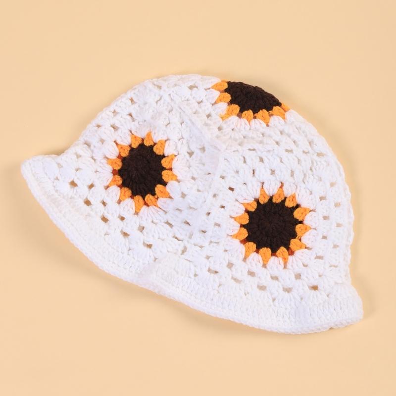 Elegant Bucket Hat Floral Granny-square Crochet Hat Holiday Decors Vacation Hat Western Cloch Style for Schoolgirls