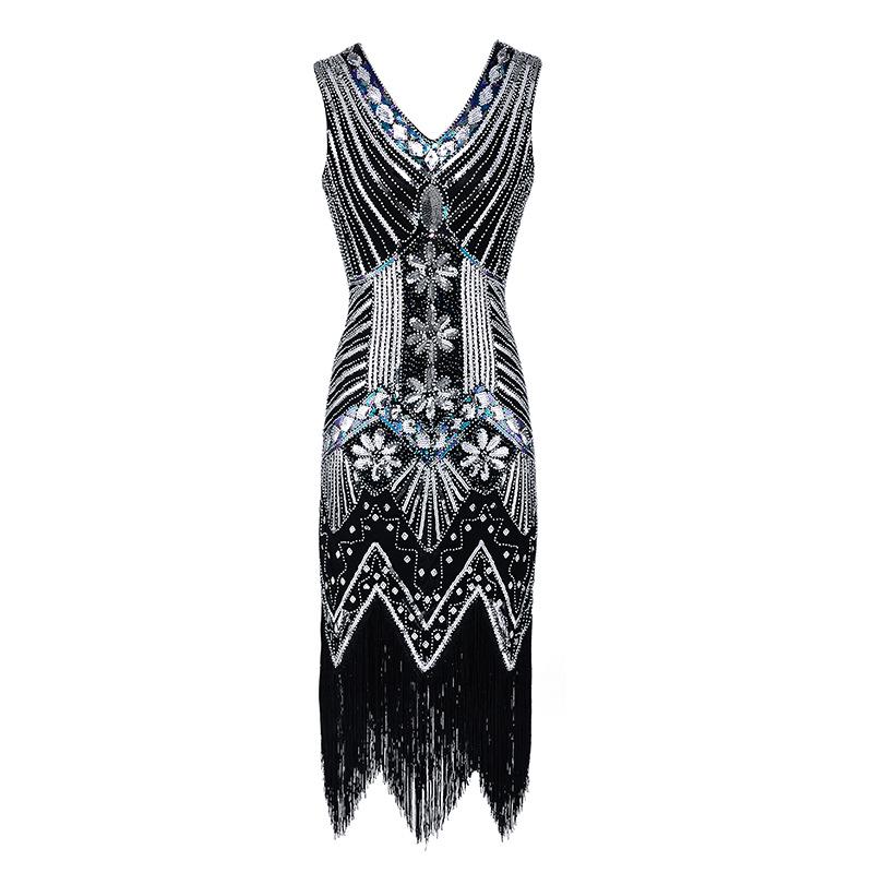 Retro Sequined Beaded Dress Front and Rear Deep V-neck Fashionable Fringed Dress, Popular Evening Dress