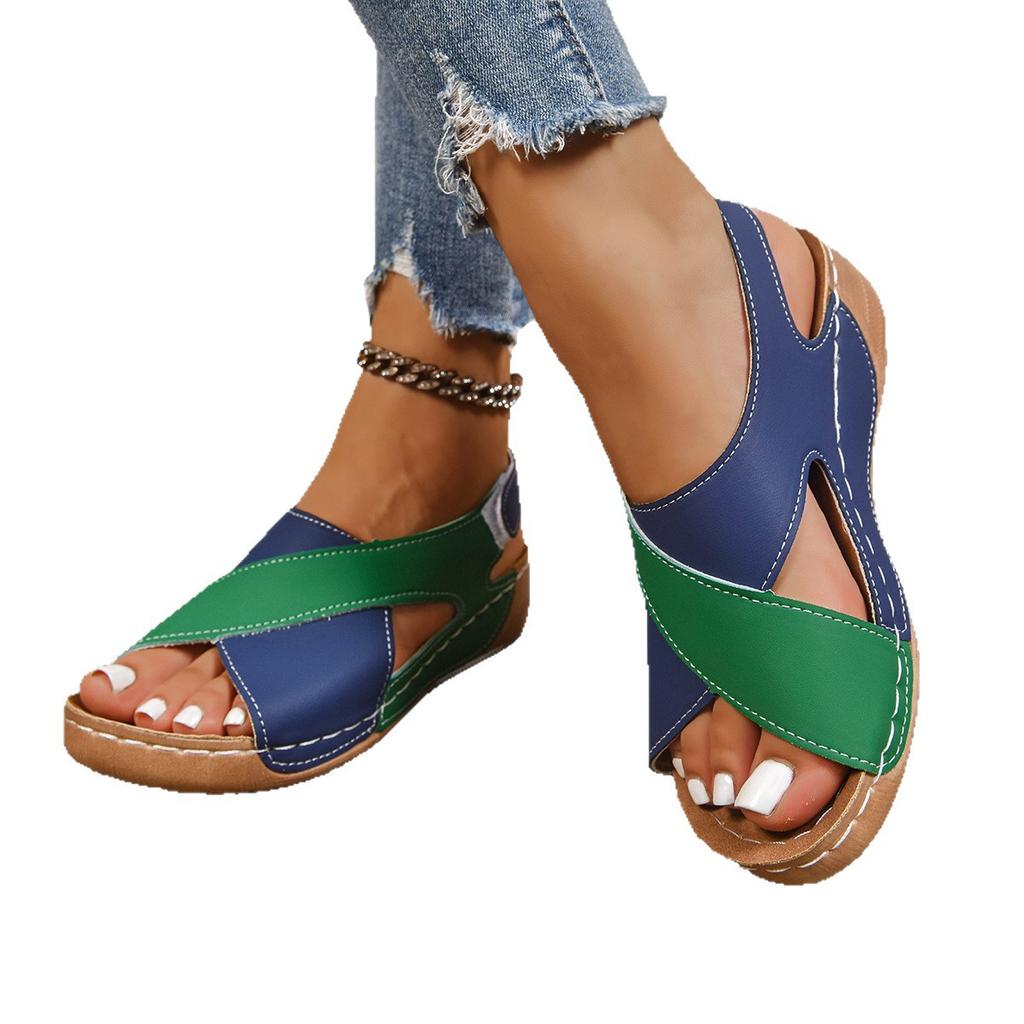 2025 Summer New Thick-soled Fish Mouth Color Matching Foreign Trade Women's Shoes Large Size Velcro Hollow Beach Shoes