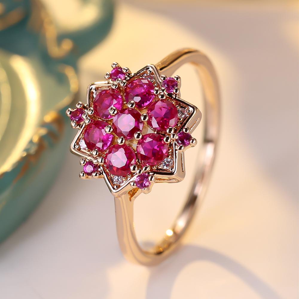 Romantic Style Cubic Zirconia Rose Red Flower Rings for Women Gold Color Wedding Jewelry