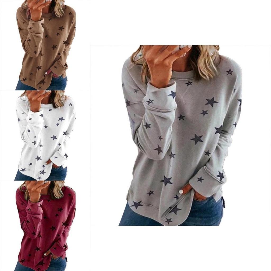Tunica Casual da Donna Girocollo Manica Lunga con Stampa a Stelle Top Maglietta Camicetta Per Comfort e Stile Quotidiano