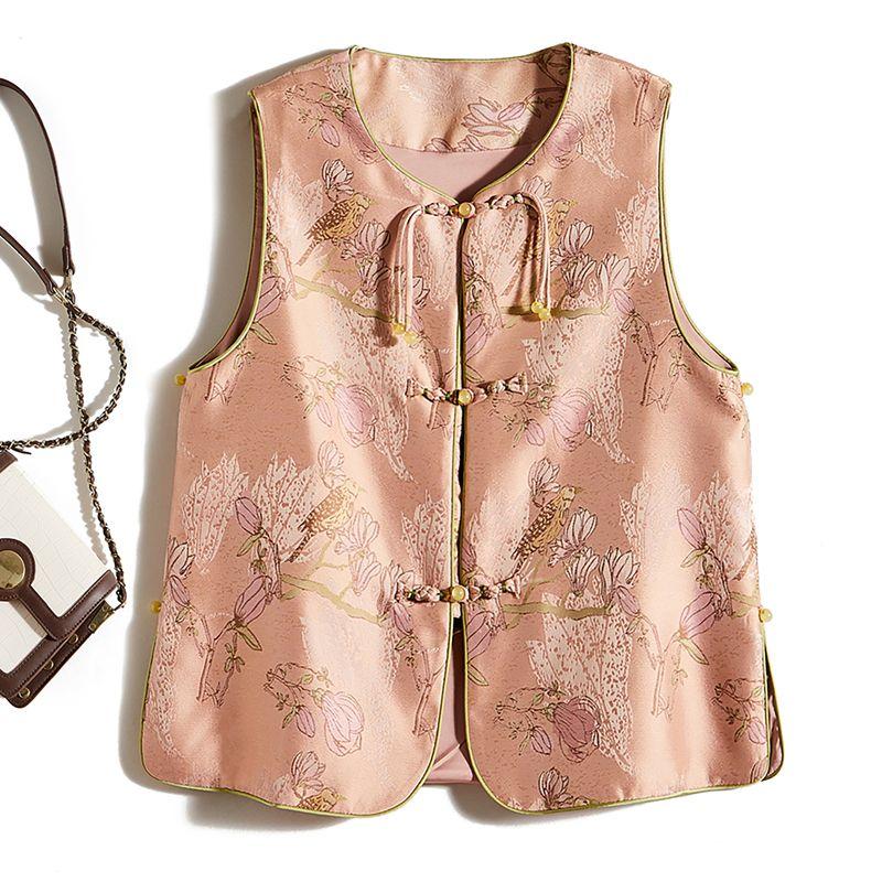 

Тисненый трехмерный узор «Сорока, цветы и птицы»! Обнаженные Женщины Поплин Хлопок Пряжка Круглый Вырез I-Образный Жилет Осень и Зима Верхняя Одежда Pink L