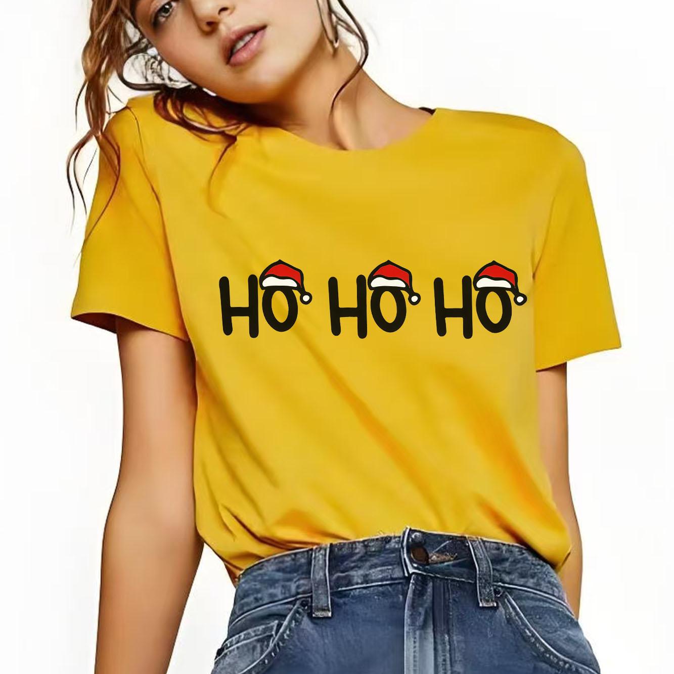

Cute Christmas HOHOHO Printed Pattern Tshirt Short Sleeve Round Neck Versatile Womens Tshirt S