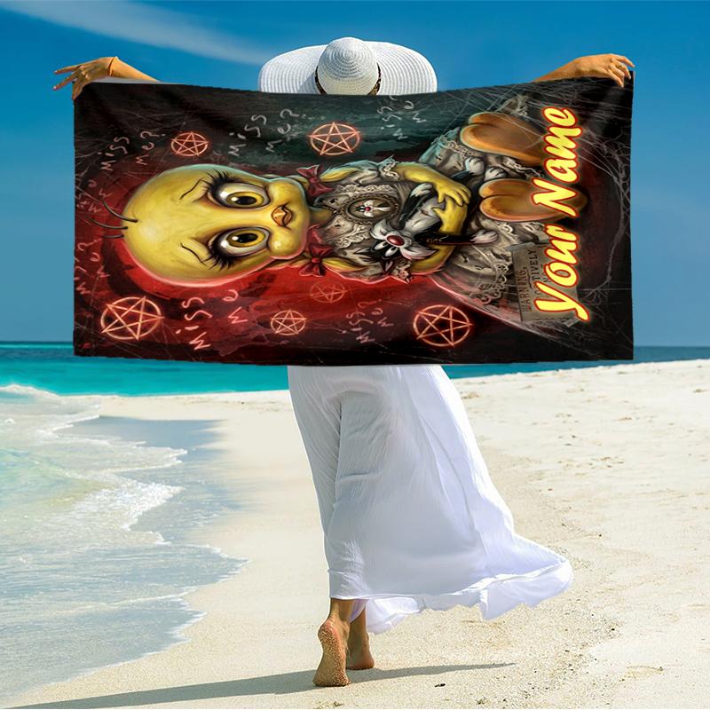 1PC Custom Name Dark Doll Mystery Beach Towel Highly Absorbent And Sand-Resistant Towel for Swimming, Pool, Yoga, And Travel Lightweight