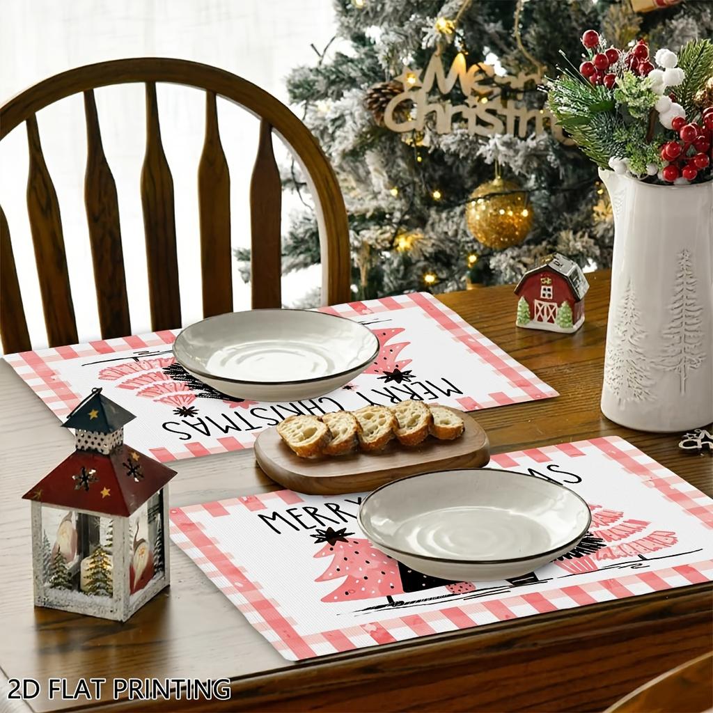 4pcs/6pcs Pink Gingham Christmas Table Mats Suitable for Dining Table, Placemats with Xmas Tree Print, Rectangular Holiday Decor for Home Kitchen Rest