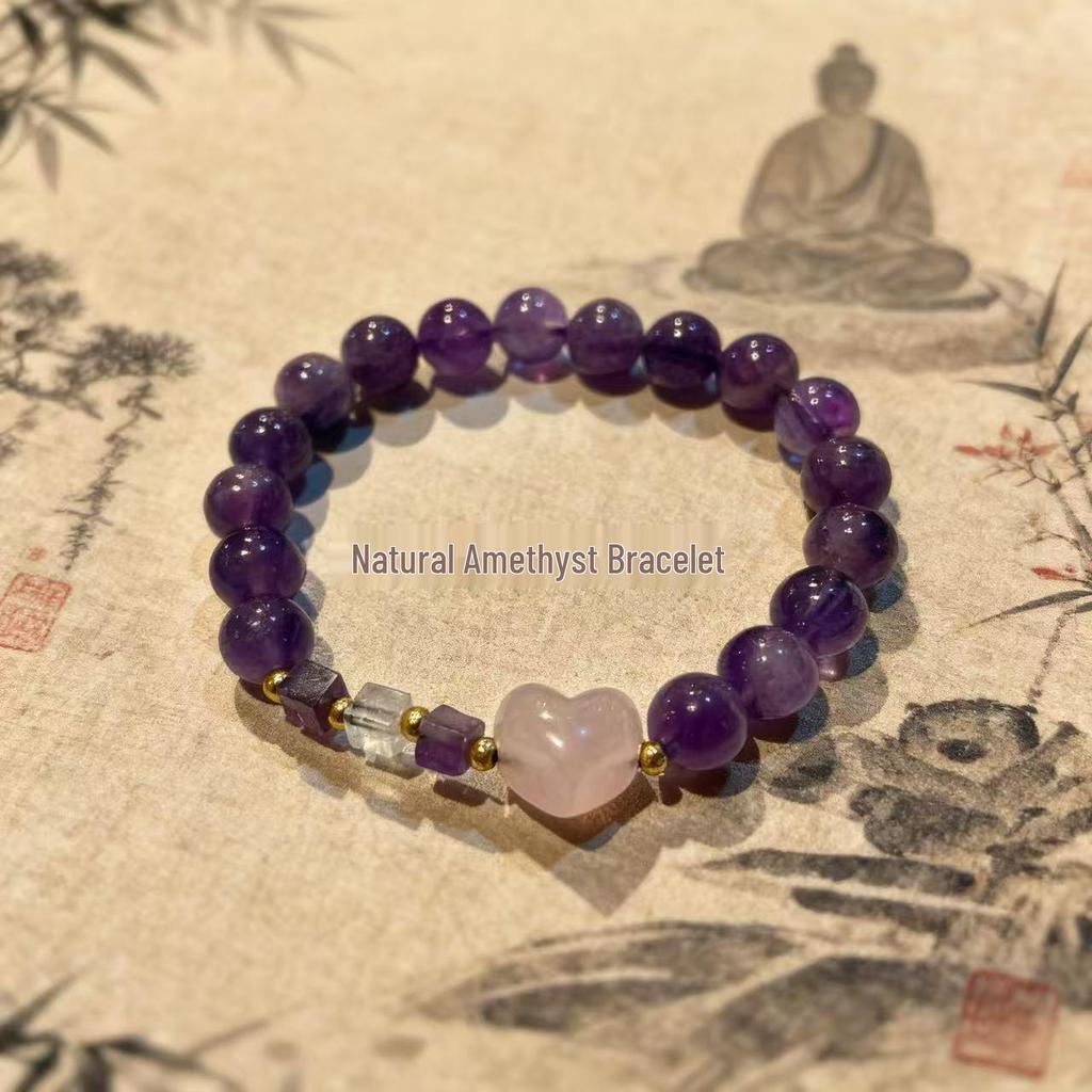 Natürliches Amethyst- und Rosa-Kristall-Perlenarmband - Einfacher Chinesischer Stil