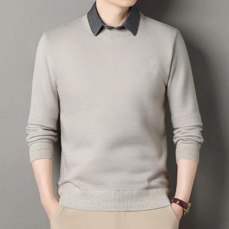 

Осенний мужской свитер пэчворк, мужской флисовый теплый вязаный пуловер, мужской свитер с воротником поло для бизнеса, мужские повседневные джемперы 4XL бежевый