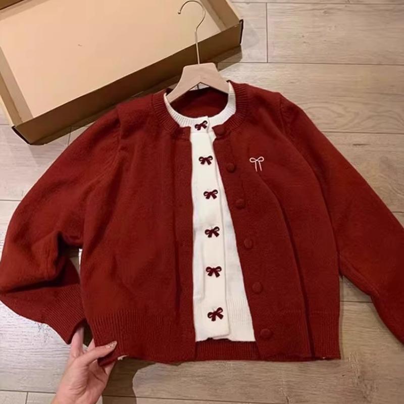 Herbst Winter Fake Zweiteiler Schleife Lässig Mode Strickjacke Strickmantel Damen All-Match Knöpfe Oberteil