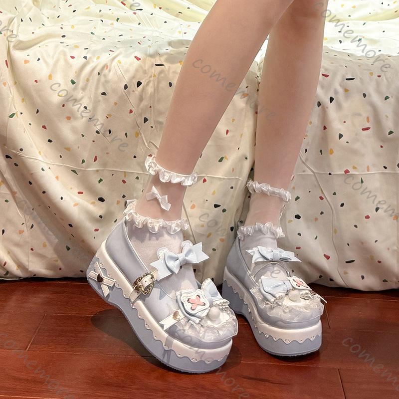 Comemore Platform Lolita Wedge Mary Janes Shoes for Women Autumn New Round Toe Colorblock Bow Ankle Buckle Pumps Single Shoes