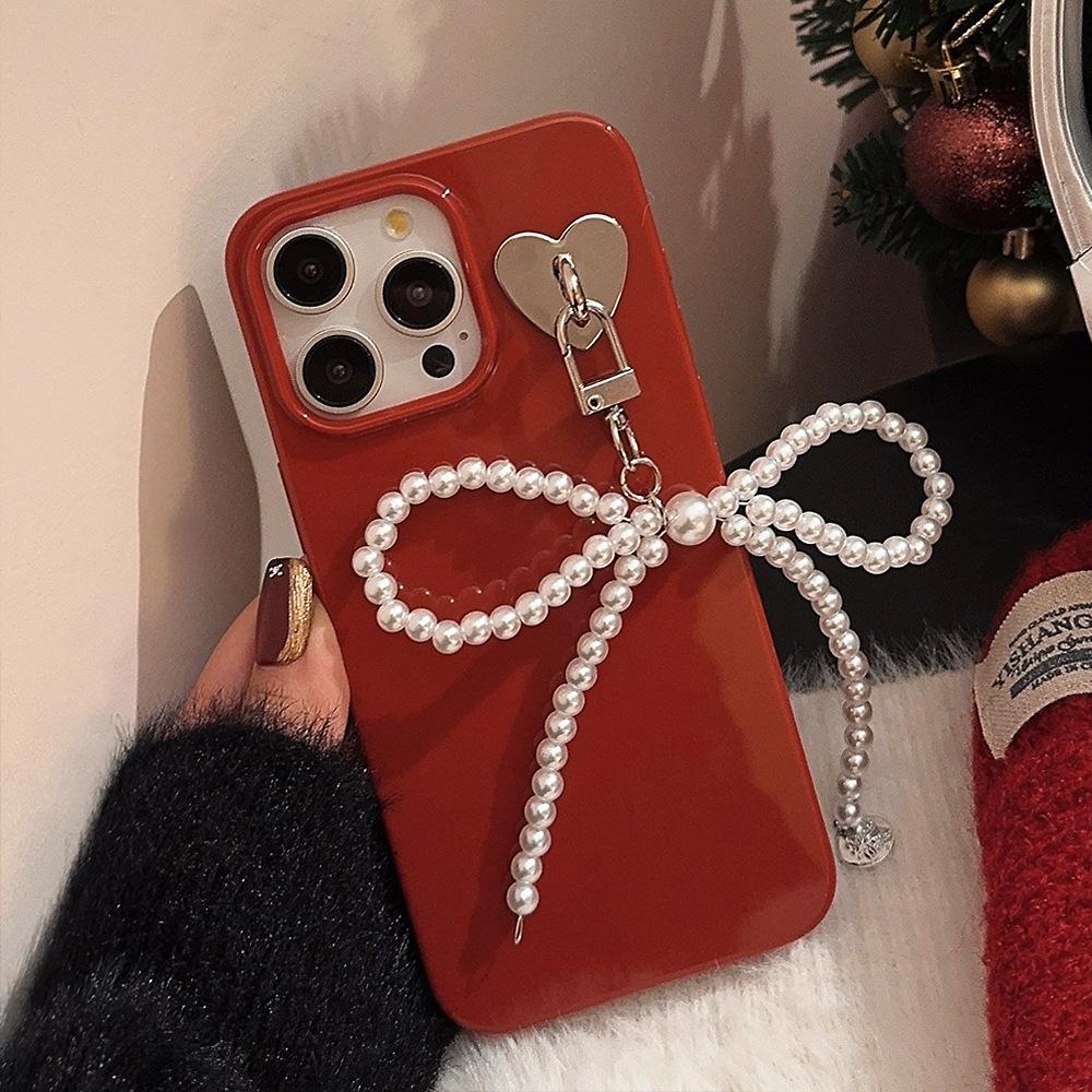 Pearl Bow Pendant Iphone16 IPhone Case 15promax Princess Style 11 New Year Red 16 Silicone