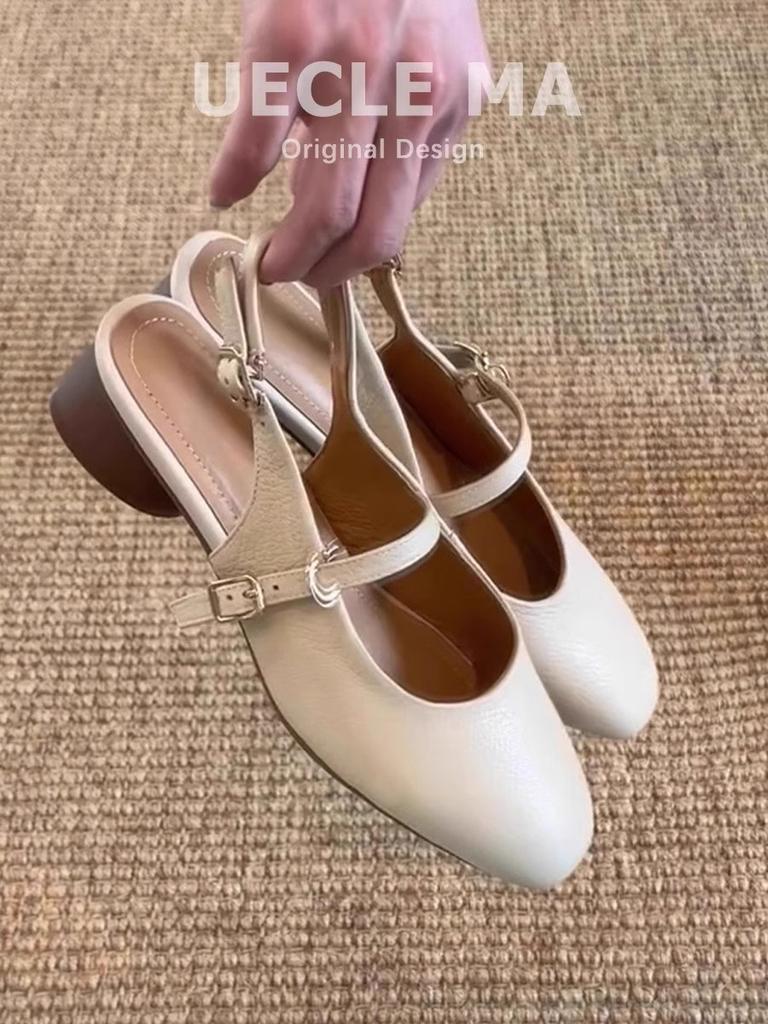 Super Soft Lambskin~ French Bag Head Sandals Women's Summer with Skirt Retro Word with Thick Heel Mary Jane Single Shoes