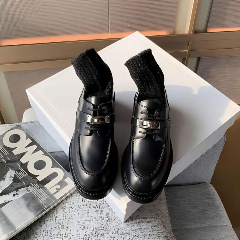 Whole Cowhide~ Retro Lock Leather Platform Women's Lace-up Thick Heel Muffin Single Shoes British Small Leather Shoes