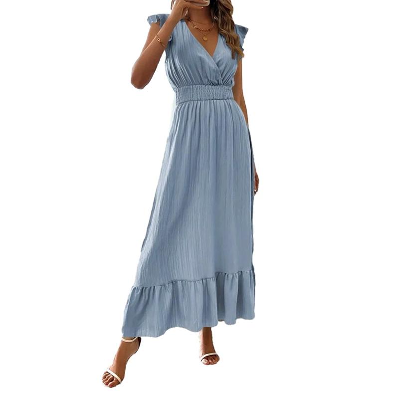 Women Solid Color V-neck Slim Short Sleeve Dress Summer Long Dress